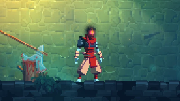the beheaded, a body in a red scarf with a flame for a head, standing on a stone floor beside a tree stump with a spear stuck in it