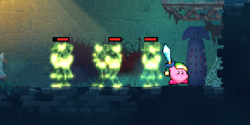 kirby in a green cap holds up a sword beside three piles of glowing green zombies, a red health bar over each pile, in a stone cell of the prisoners' quarters