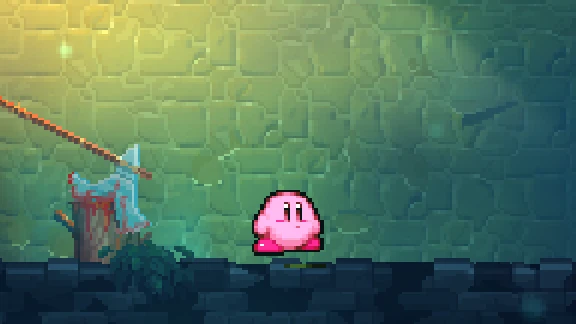 kirby, pink and round, standing on the same floor beside the same stump