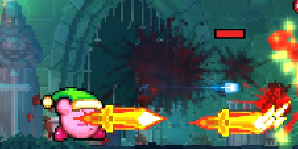 kirby in a green cap at the end of a swing, one burning arrow just leaving him and another striking at the right edge, under a red health bar, with dark blood on the wall behind