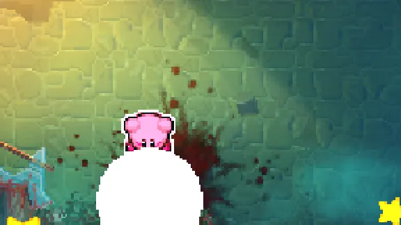 kirby lifted over a white ball that swells out from where he stood, yellow stars flying off in every direction