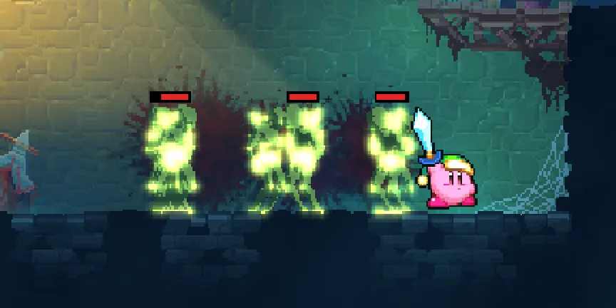 kirby in a green cap, holding up a sword, beside three piles of glowing green zombies with red health bars over them and blood on the wall behind
