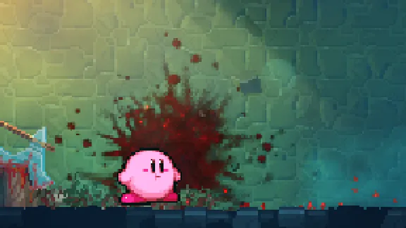 kirby standing with his cheeks puffed out, a splash of dark red on the wall behind him