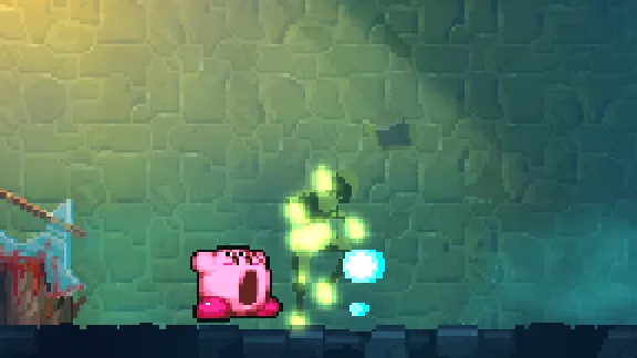 kirby, pink and round, with his mouth wide open, pulling a glowing green zombie towards him