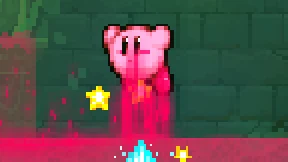 kirby without the mask, jumping up out of the pink water, with a splash under him and a small yellow star beside him