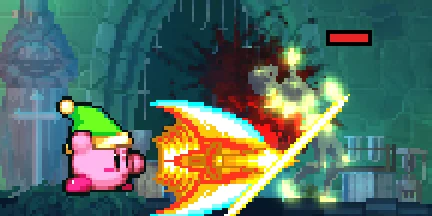 kirby in a green cap swings a sword at a glowing green zombie, and a burning arrow bursts out of the swing toward it