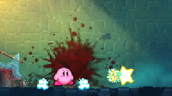 kirby with an empty mouth again, and a yellow star flying away from him to the right