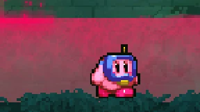 kirby in a blue diving mask with a little snorkel on top, walking along the floor of a pool of pink water