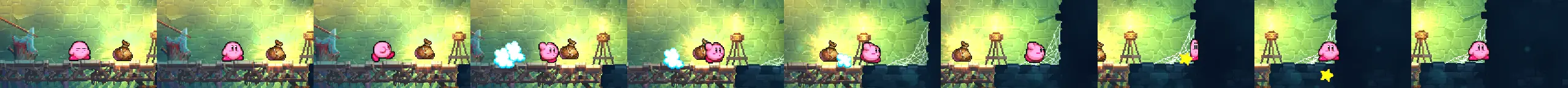 kirby standing on planks leans forward, kicks up a puff of dust and dashes right past a sack of gold and a lamp, into a stone wall, where a small yellow star bounces off