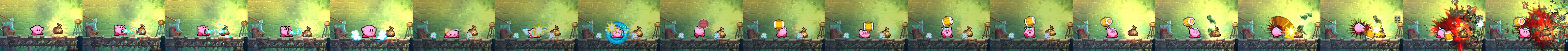 kirby on a plank floor in the prisoners' quarters opens his mouth wide and inhales, swells up full, ducks to swallow, flashes inside a blue ring and stands up holding a wooden hammer over his head. a green zombie climbs out of the floor beside him, and he swings the hammer down onto it in a burst of blood, with an 89 floating up
