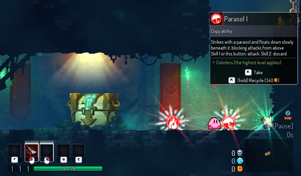 a room of the prisoners' quarters. kirby stands beside the parasol item, under dead cells' card for it: parasol i, copy ability, strikes with a parasol and floats down slowly beneath it, colorless. the first weapon slot at the bottom left holds a sword