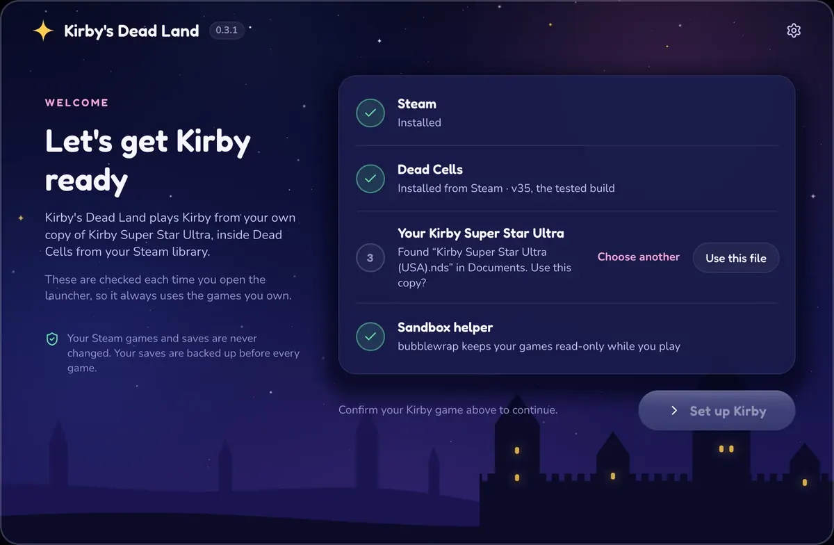 the launcher's first screen, dark blue with a castle at the bottom: let's get kirby ready. four checks on the right, steam installed, dead cells installed from steam, v35, a found copy of kirby super star ultra waiting to be confirmed, and the sandbox helper