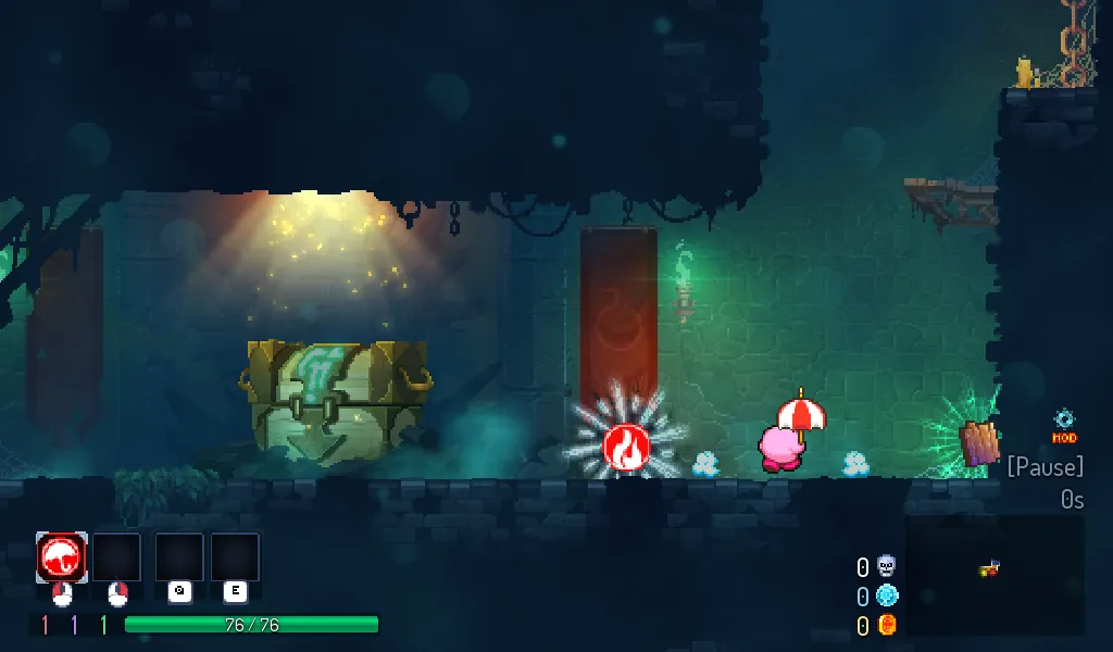 the same room a moment later. kirby holds a parasol over his head, the item is gone from the floor, and the first weapon slot at the bottom left shows the parasol's icon