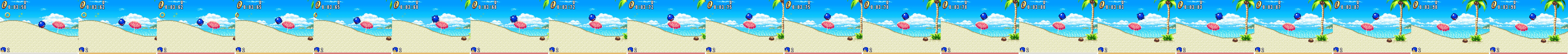 sonic rolling down a sandy slope past a red beach umbrella, the timer in the corner jumping two hundredths at a time and every second picture the same as the one before, a red or amber bar under most of them