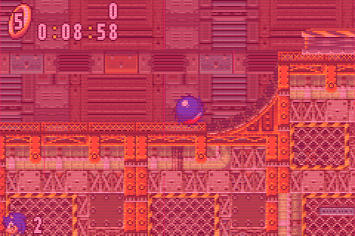 a frame of secret base act 2, sonic curled up on an orange girder, washed red by a thin outline drawn around every single line of the background, all the way down the screen