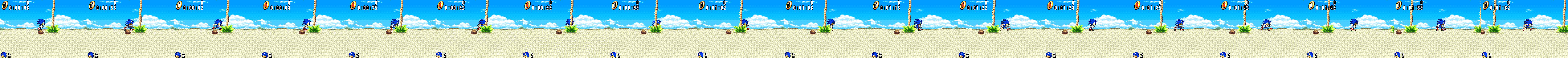 sonic walking slowly to the right along the beach, past a palm tree