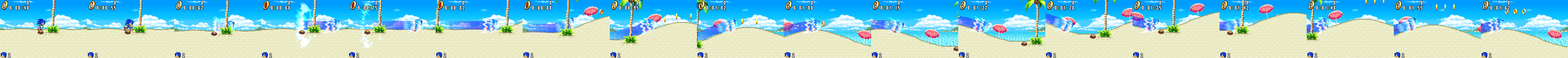 sonic bursting away in a flash of blue light, then running fast over the hills with a long blue trail behind him and a pale aura around him, the camera falling behind and then running ahead