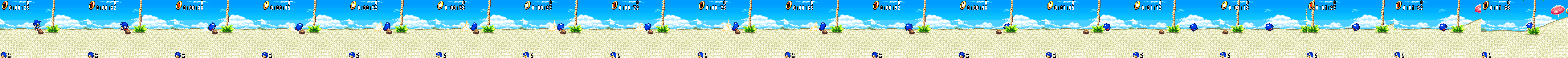 sonic crouches on the beach, curls into a ball spinning in place in a cloud of dust, then shoots off to the right as a ball and rolls up a hill