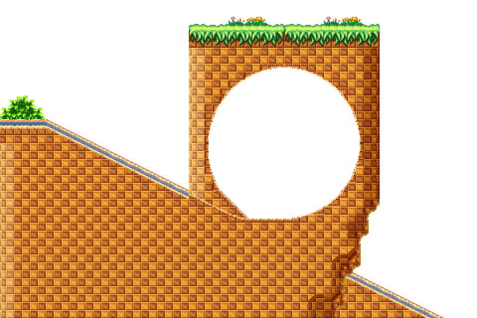 the first loop of the act on its slope, drawn as the game draws it: brown checkered rock, grass on top, empty sky through the loop