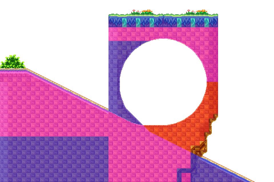 the same loop with its collision drawn over it: the left half of the loop in blue, the right half in red, the solid rock around it in purple