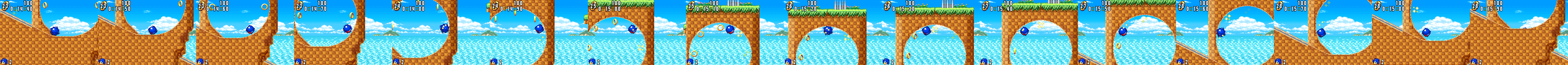 sonic curled into a blue ball rolls down a checkered slope into a loop, up its right side, across the top upside down, down its left side and out along the slope