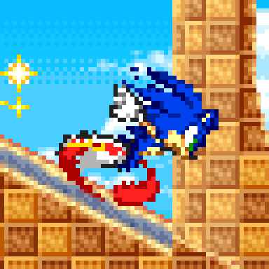 sonic running down a slope, tilted forward, up close, in pixels: drawn with a canvas rotation