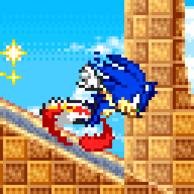 the same frame, sonic tilted forward on the slope, drawn as the console's rotation hardware draws it, with a few pixels in other places