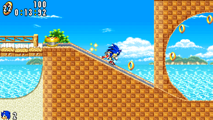 the same moment in the widescreen view: the bridge sonic came from on the left, the whole loop on the right, and the sea below