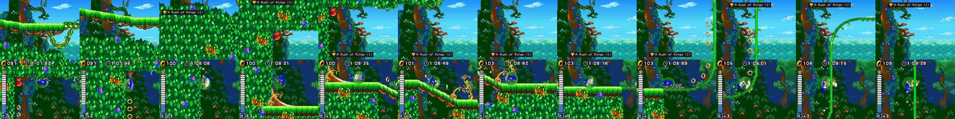 sonic rush on both screens of a ds, sonic running through a jungle level under a ring counter, with a dark one-line popup on the top screen from the third frame