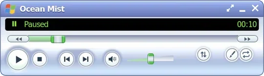 the compact player in its original blue: a small bar with the title ocean mist, a black status line that says paused, a seek bar and round buttons