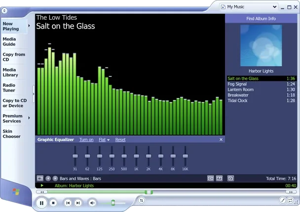 the player with the bars visualization above and the graphic equalizer open under it: ten sliders at the middle, labelled 31 to 16k