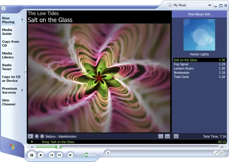 the ocean mist window: a pale blue frame with rounded lobes, a list of tasks down its left side, a pink and white flower of light in the middle, the cover of harbor lights by the low tides on the right with its five songs under it, the first one lit in green, a green line of status at the foot and round buttons under it