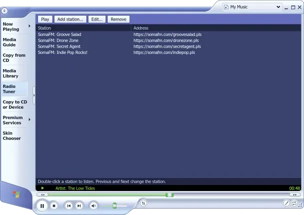 the radio tuner: a list of four somafm stations and their addresses, with buttons to play, add, edit and remove a station