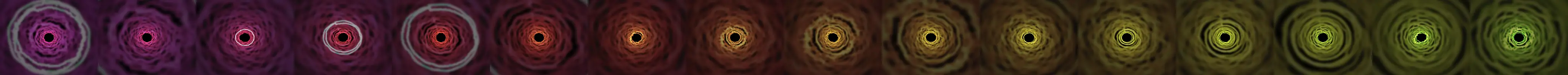 event horizon: rings of light falling into a black hole in the middle, pink turning to gold