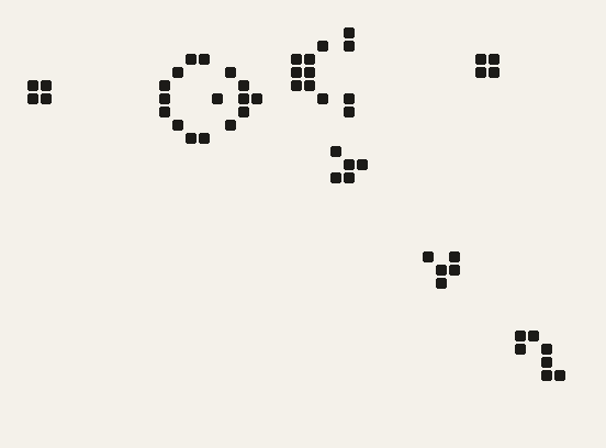 black cells on a pale grid: a block at each end of the top, two larger shapes between them, gliders on a line running down to the right, and a hook of seven cells waiting at the end of it