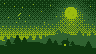 a night in four greens: a full moon over two ridges with pines along them, a cabin with a lit window, and a dithered sky with orion in it