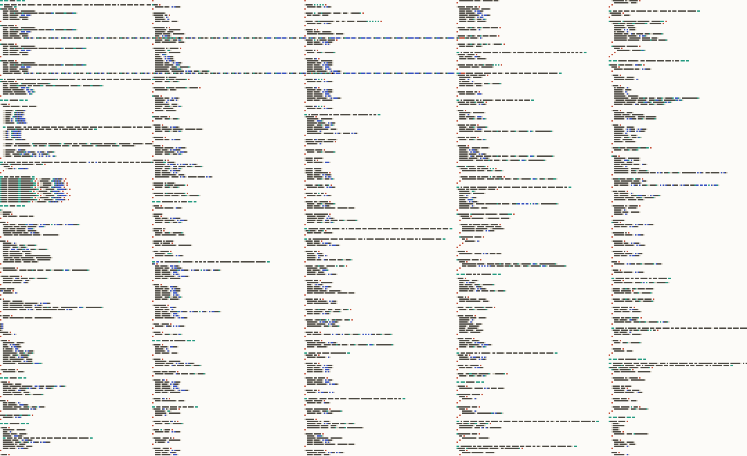 five columns of short dark dashes on pale paper, like lines of text seen from far away, with a few blue, red and green marks among them